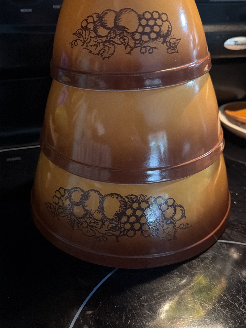 Vintage Brown Amber PYREX Mixing Bowls with Fruit Motif